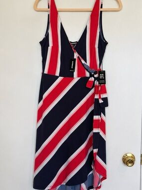 Express Red, White & Navy One-Shoulder Wrap Dress
